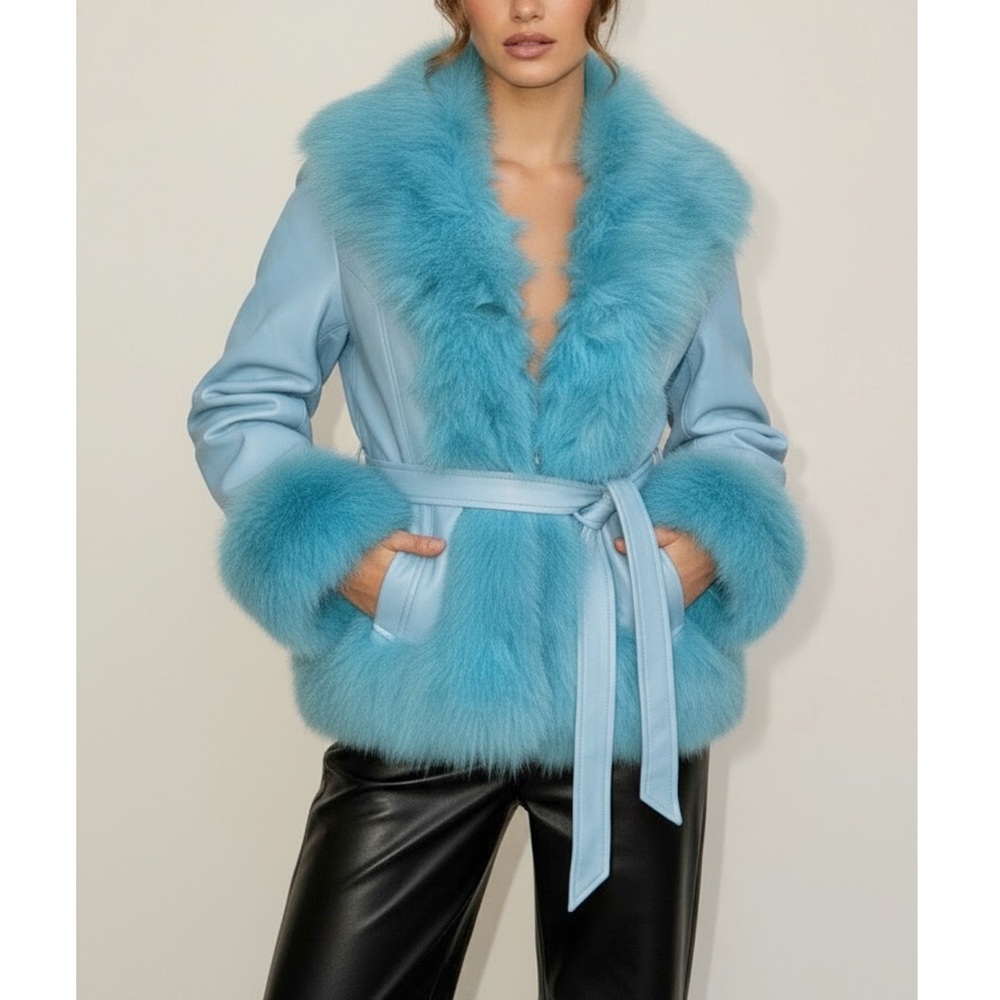 DANIEL’S LEATHER NYC (DLNYC) Faux Leather Faux Fur Short Belted Jacket, Teal, SM